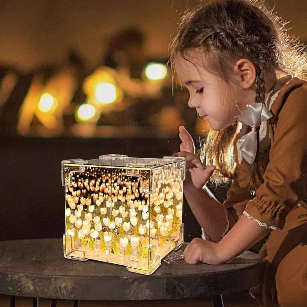 Artificial Tulips in Crystal Box – Handmade DIY Pink Tulip Cube Mirror Lamp, LED Night Light for Bedroom, Unique Flower Table Lamp - (Square)