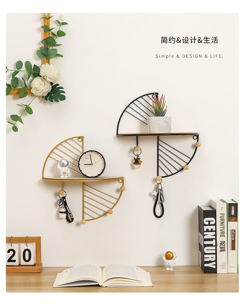 Modern simple and creative half circle rectangular wall shelf multi-function hook home bedroom wall decoration storage rack - Image 4